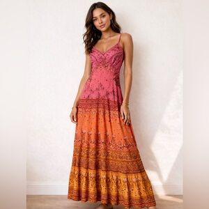 FARM Rio x Anthropologie Sunset Parsley Maxi Dress Pink & Orange Size Medium